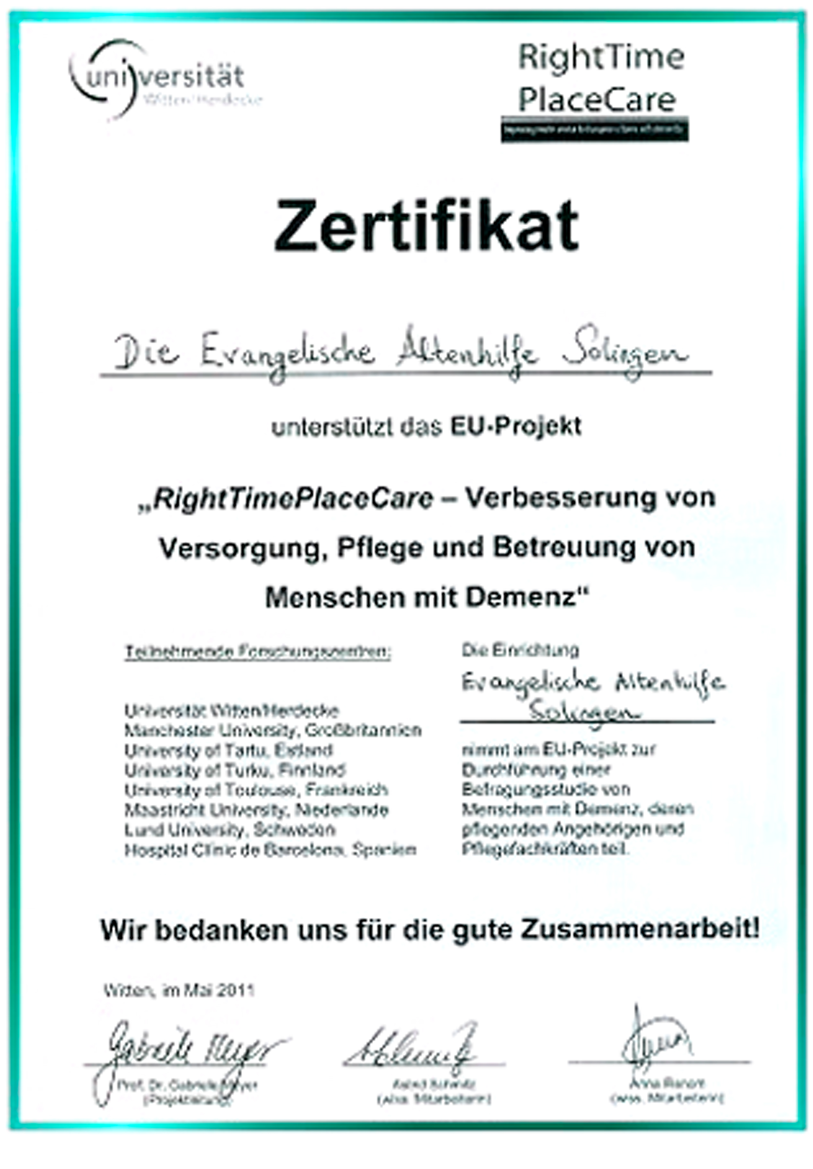 Zertifikat Universität Witten/Herdecke